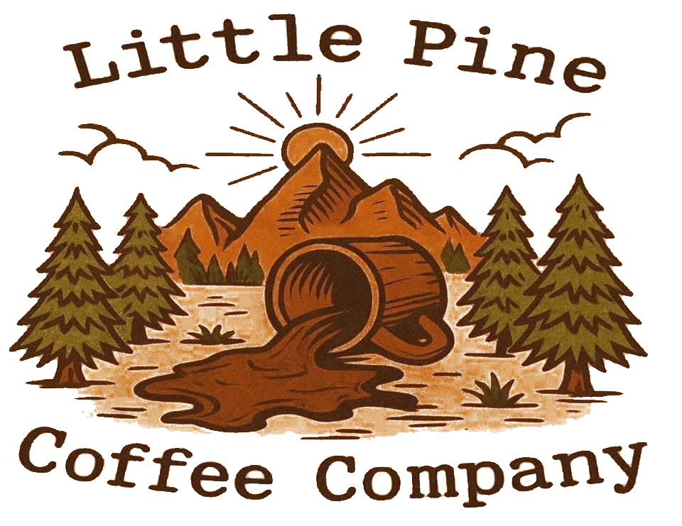 Little Pine Coffee Company logo with mountains, pine trees, and spilled coffee